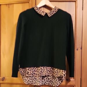 Charter Club Black Sweater with Leopard Print Collar